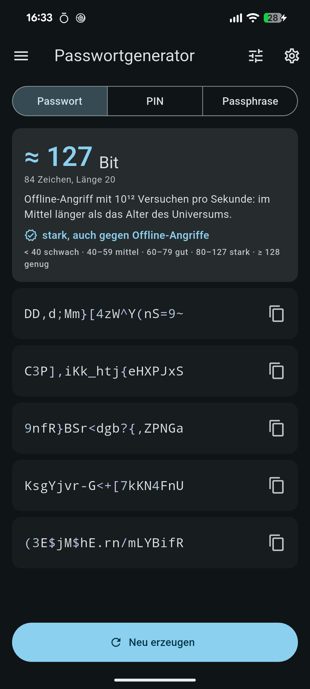 Passwort-Ansicht mit fünf Ergebnissen und Entropie-Karte