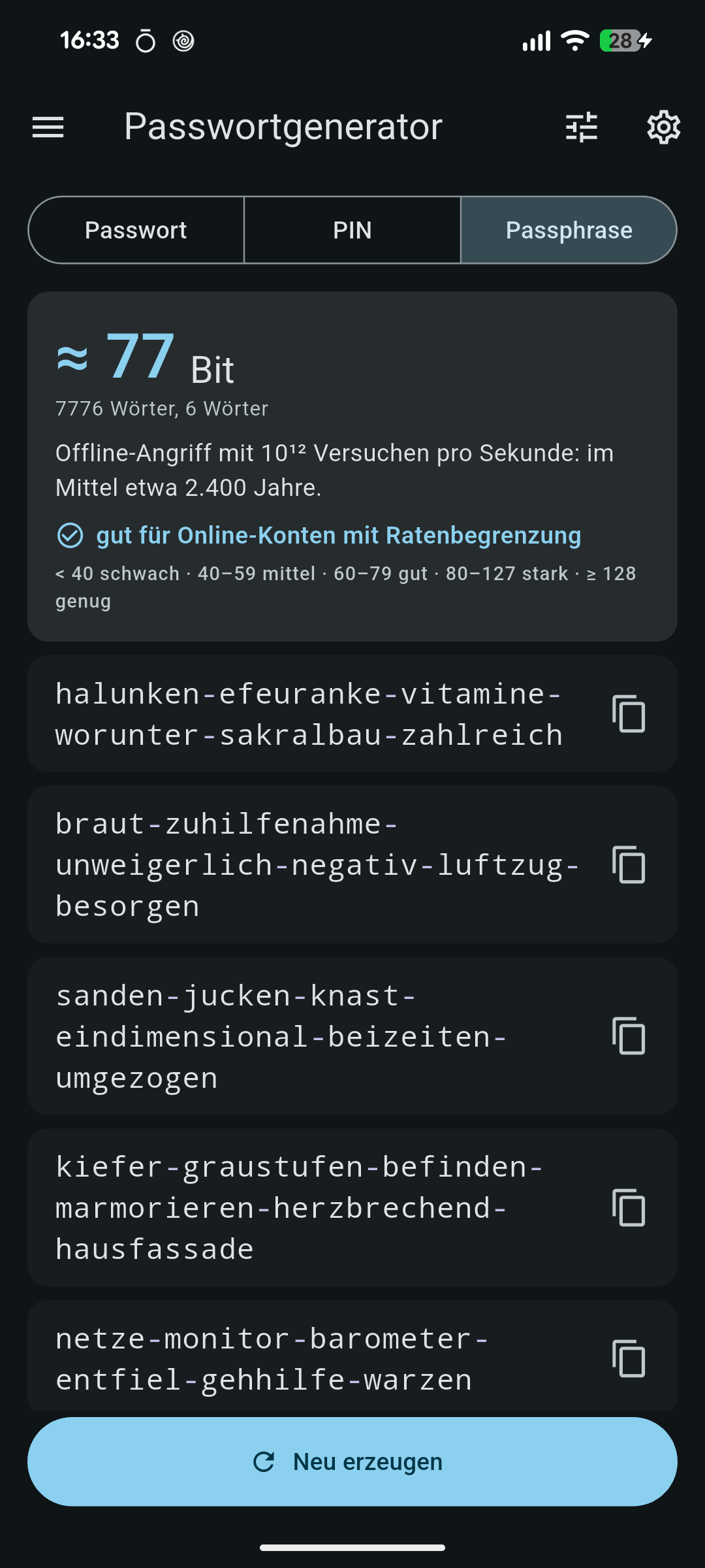Passphrasen-Ansicht mit sechs deutschen Wörtern