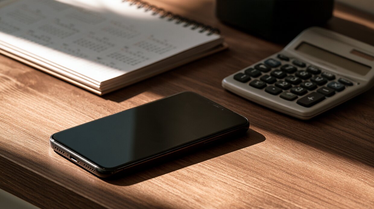 Taschenrechner und Smartphone auf einem Schreibtisch mit Jahreskalender