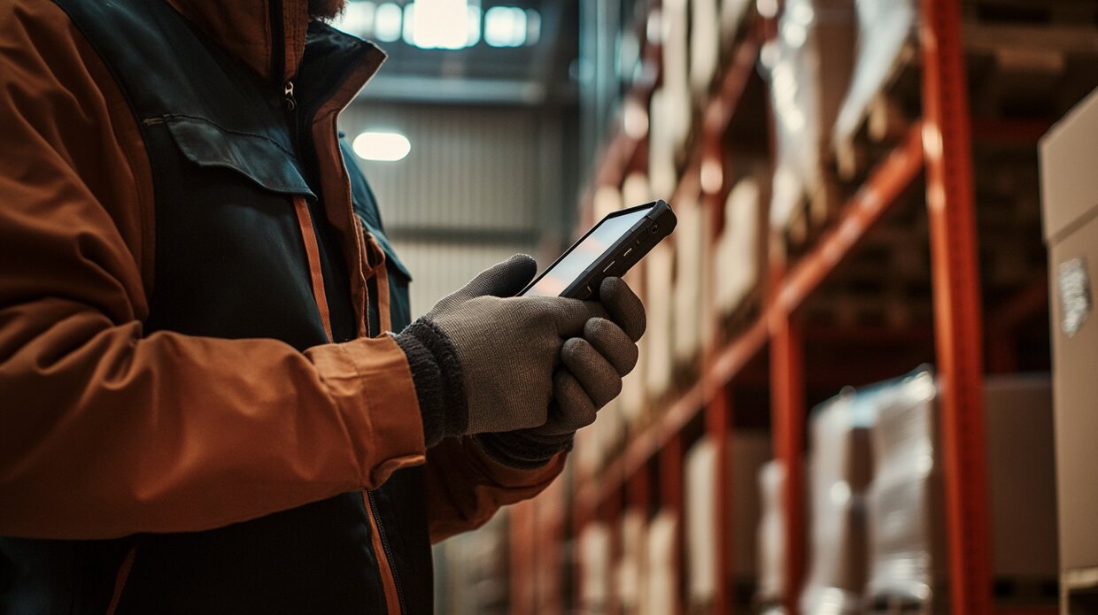 Smartphone scannt den Barcode eines Kartons in einem Lagerregal