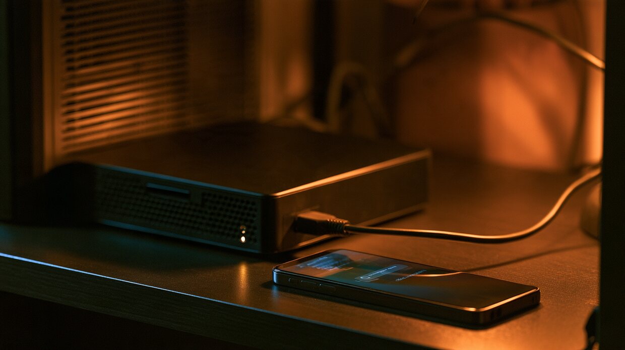 Smartphone mit Benachrichtigung neben einem kleinen Server im Firmennetz